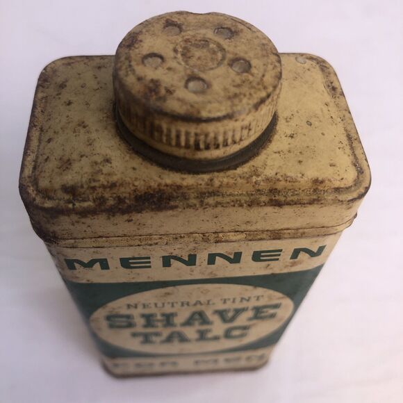 Mennen Shave Talc Men Neutral Tint Tin 4oz Metal Lid Green White Container Vtg - Picture 6 of 7